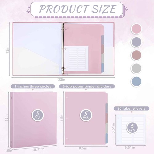 Ctosree 5 Sets 1 Inch Heavy Duty 3 Ring Binder with 2 Pockets with 5 Tab Dividers 8.5 x 11 Inch Plastic Film and File Folder Labels for Letter Size Paper Office Home Supplies(Warm Color)