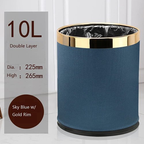 SXYLOB Luxury Metal Waste Bin 10L, Open Top Double Layer Trash Can Floor Standing with Faux Leather Covered - Waste basket Dust Bins for Kitchen Bathroom Hotel Office (Sky Blue)
