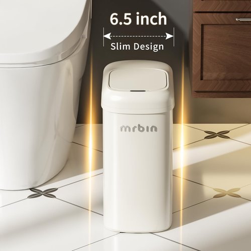 MRBIN Motion Sensor Adsorption Bag Bathroom Metal Trash Can with Lid and Wheels, 10L/2.6gal Automatic Removable Slim Electric Narrow Waste Basket for Near Desk Office, Bedroom, Kitchen, Rv, White