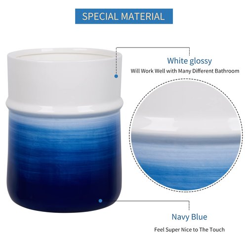 Decorative Round Small Trash Can Wastebasket, Garbage Container Bin for Bathrooms, Powder Rooms, Kitchens, Home Offices-Hand Painted Navy Blue,Ceramic