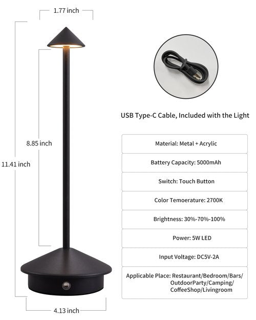 NEWSEE Modern Cordless Table Lamp Set of 2, Portable LED Desk Lamps, 5000mAh Rechargeable Battery Operated Lighting for Bedroom Dining Room Restaurant Coffee Shop Camping Night Light (Black)