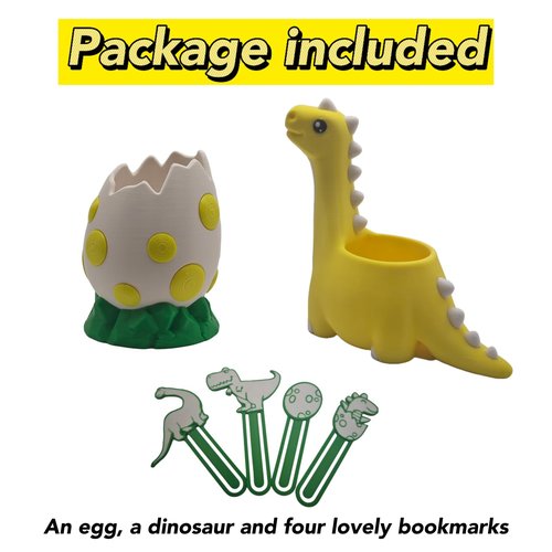 TIME&TRAVE Cute Dinosaur with Egg Pen Holder, Creative Dino Pencil Holder with Four Lovely Bookmark Desk Organizers, Office Supplies Decorations Idea Gift for Women Kids