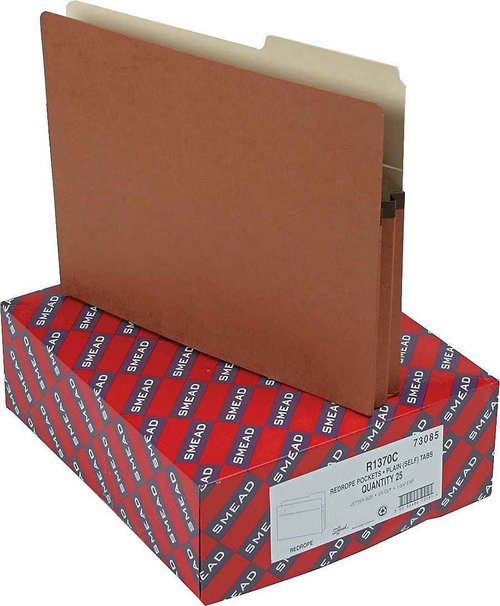 Smead File Pockets, 2/5-Cut Tab Right Position, Guide Height, 1-3/4" Expansion, Letter Size, Redrope, 25 per Box (73085)