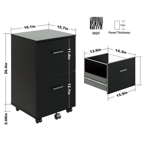 2 Drawer Mobile File Cabinet, Wood Rolling Filing Cabinet Printer Stand Under Desk Storage Organizer Fits Letter Size File Folders for Home Office (Black)