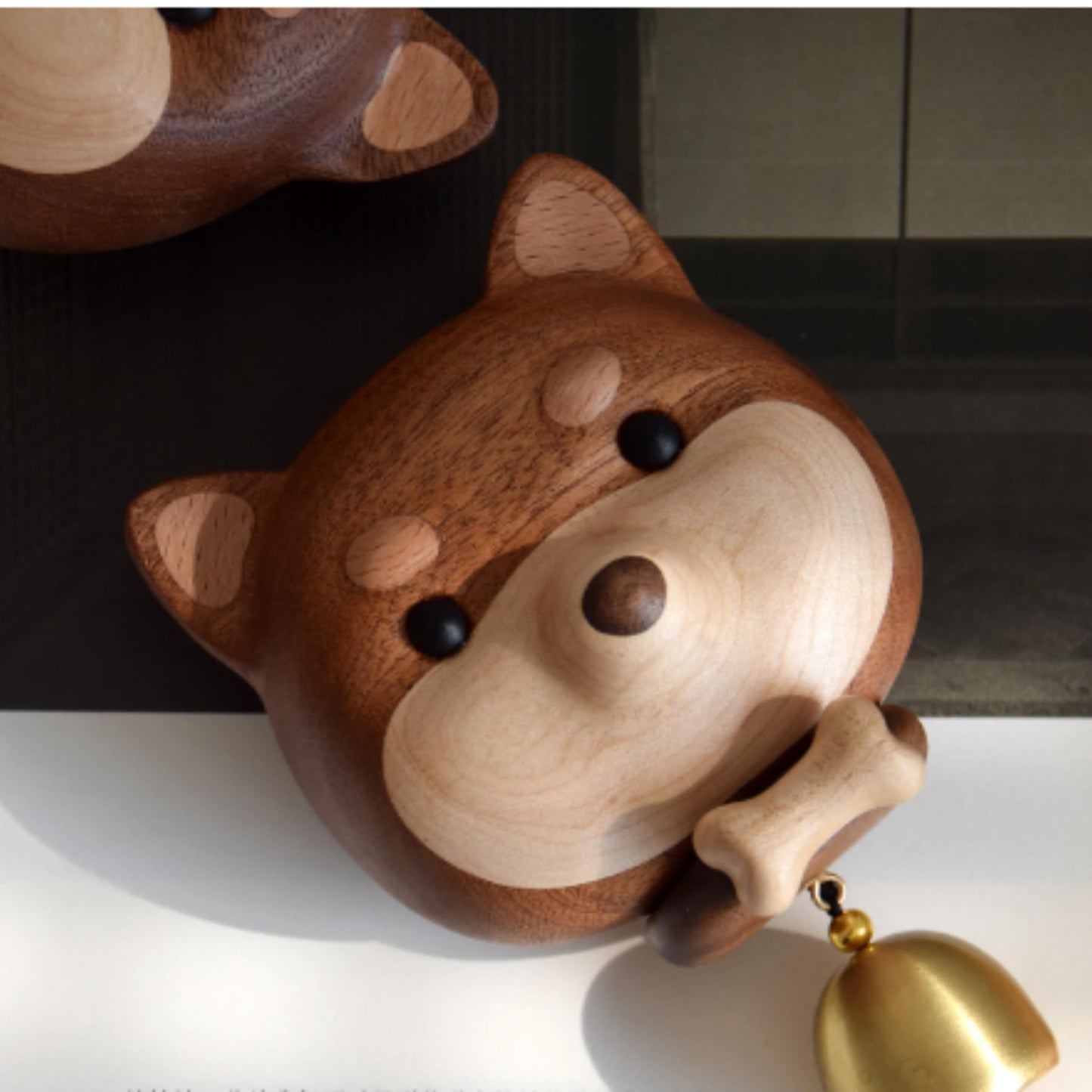 NADEnVIE Shiba Dog Shape Wooden Door Bell - Black Walnut Cartoon Doorbell - Dopamine Wind Chime Suction Ornament - WoodyBeing Shopkeepers Bell for Door Opening