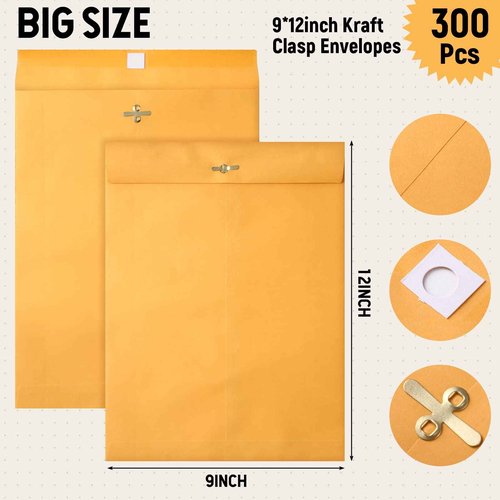 Ctosree 300 Pcs Manilla Envelopes Clasp Envelopes Bulk Brown Kraft Catalog Letter with Clasp Closure and Gummed Seal 28lb Heavyweight Paper (9 x 12 Inch)