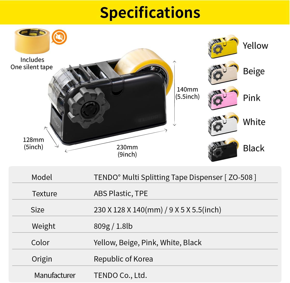 TENDO° Multi-Section Tape Dispenser - Innovative Cutter for Custom Tape Width | Sleek Black Design