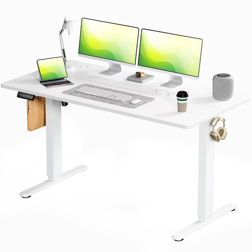 SMUG Standing Desk, 55 x 24 Inch Electric Height Adjustable Computer Desk for Home Office, Sit Stand up Work Gaming Table with Memory Controller/Headphone Hook, Rising Lift Workstation-White