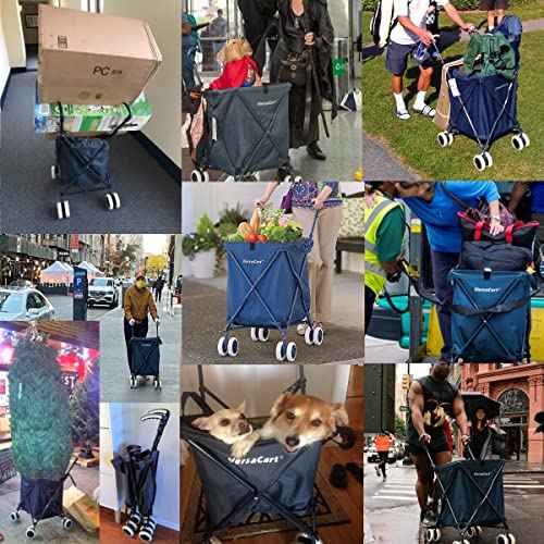 The Original VersaCart Transit Folding Shopping and Utility Cart, Water-Resistant Heavy-Duty Canvas with Cover, Double Front Swivel Wheels, Compact Folding, Transport Up To 120 Pounds, Signature Blue