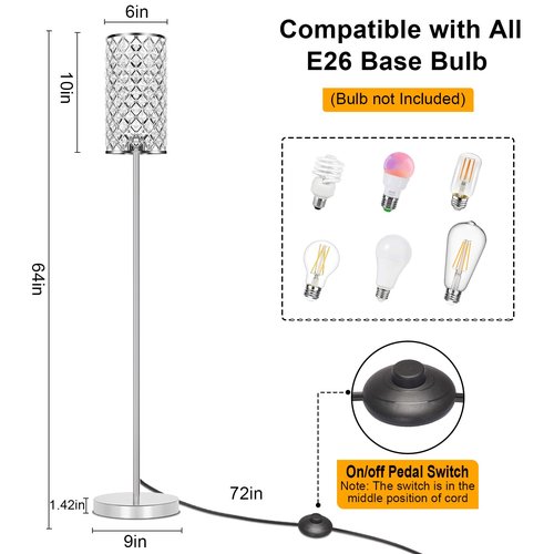 Crystal Floor Lamp, Modern Standing Lamp with Elegant Shade, LED Floor Lamp with On/Off Foot Switch Silver Finish Tall Pole Lamp Accent Lights for Living Room, Girl Bedroom, Dresser, Office (E26 Base)