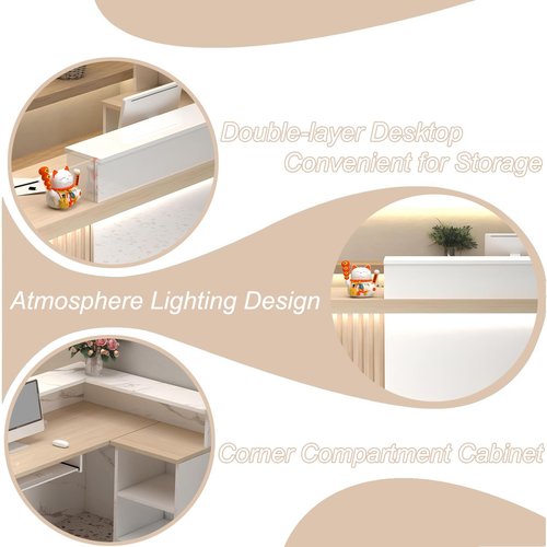 Office Reception Desk with Counter - Sturdy Front Desk Reception Counter with Lockable Drawer & Light Strip Checkout Counter - Easy to Put Together & Quick (A - Left, L 63in/160cm)