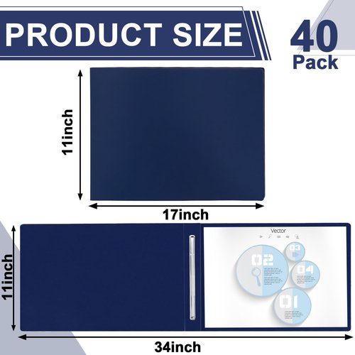 gisgfim 40 Pcs 11'' x 17'' Pressboard Report Cover 3" Capacity Metal Prong Paper Fastener with Compressor Presentation Binder Folder to Neatly Bind Reports Proposals Transcripts Document(Dark Blue)
