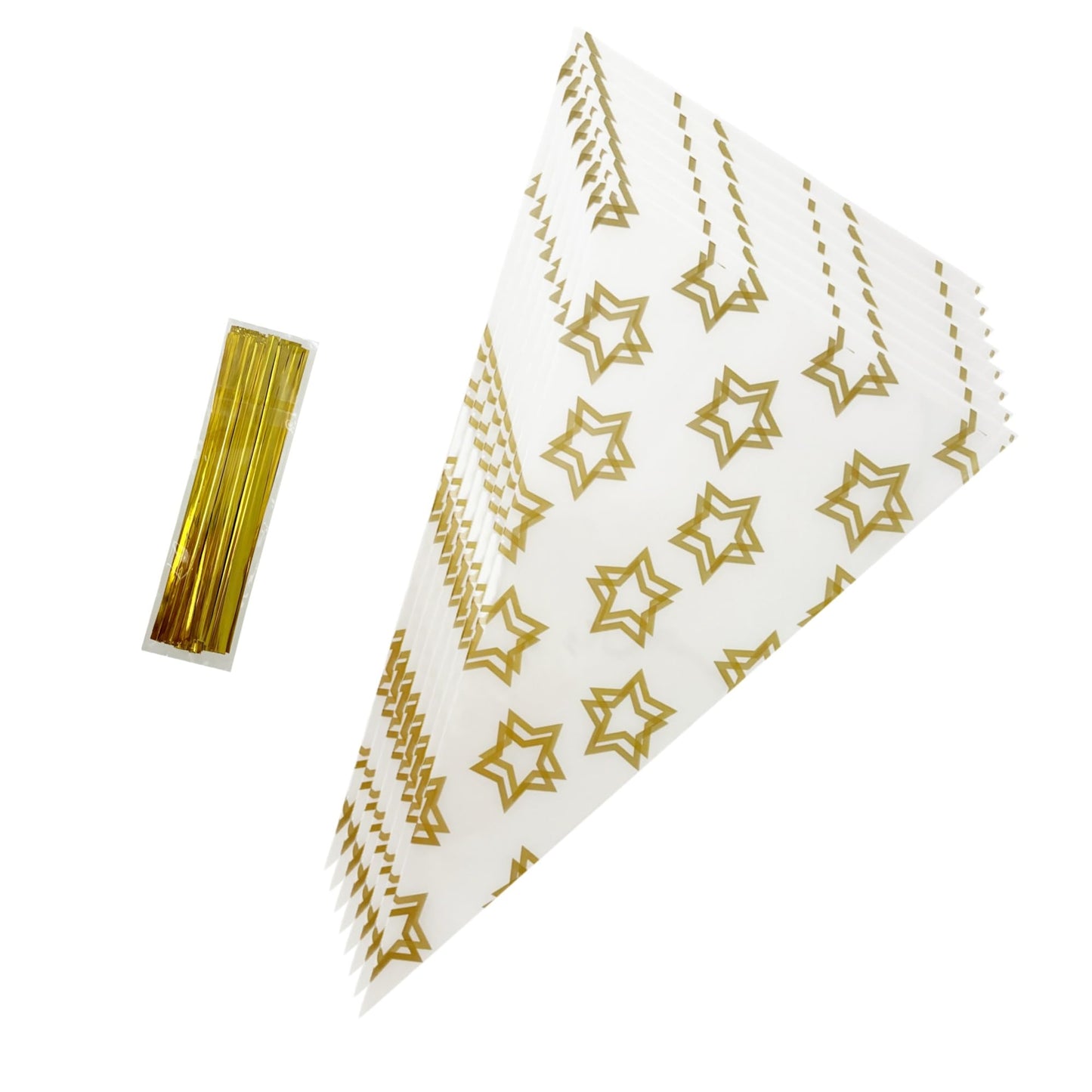PABCK 50Pcs Cone Shaped Cellophane Treat Bags 6.69x11.8 inch Party Favor Gift Wrap Cellophane Bag Clear Plastic Bags for Candy Cookies Popcorn Snack Packaging Food Storage Bag Triangle with 50 Gold Twist Ties