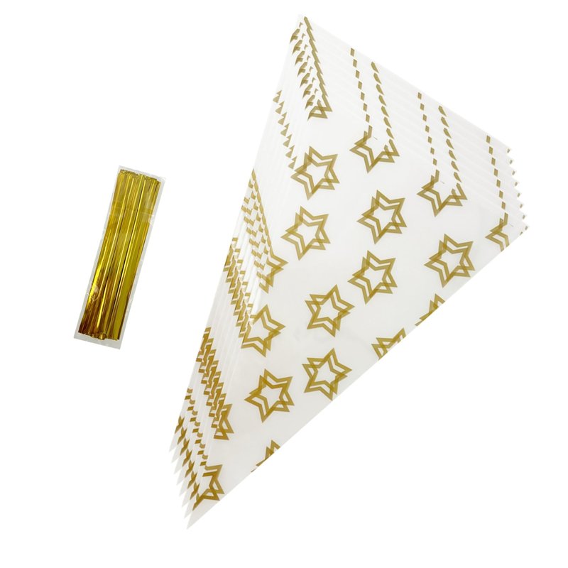 PABCK 50Pcs Cone Shaped Cellophane Treat Bags 6.69x11.8 inch Party Favor Gift Wrap Cellophane Bag Clear Plastic Bags for Candy Cookies Popcorn Snack Packaging Food Storage Bag Triangle with 50 Gold Twist Ties