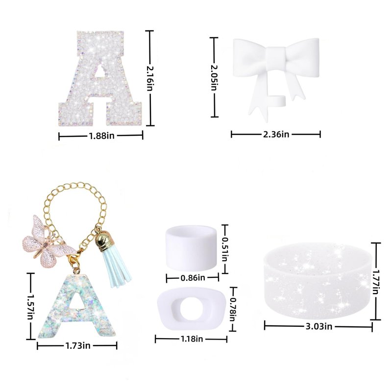 6PCS White Stanley Cup Accessories Set Fit for Stanley Cup 30oz 40oz. Including Handle Charm, Personalized Initial Sticker, Straw Topper, Sparkly Silicone Boot, Spill Proof Stopper (Letter-A)