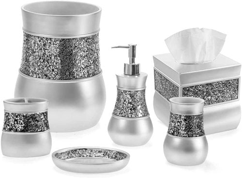 Crackled Glass Silver Small Bathroom Trash Can 2.06 Gal / 7.8L – Decorative Waste Basket for Bathroom, Powder Room or Bedroom - Durable Mini Wastebasket with Beautiful Crackled Glass