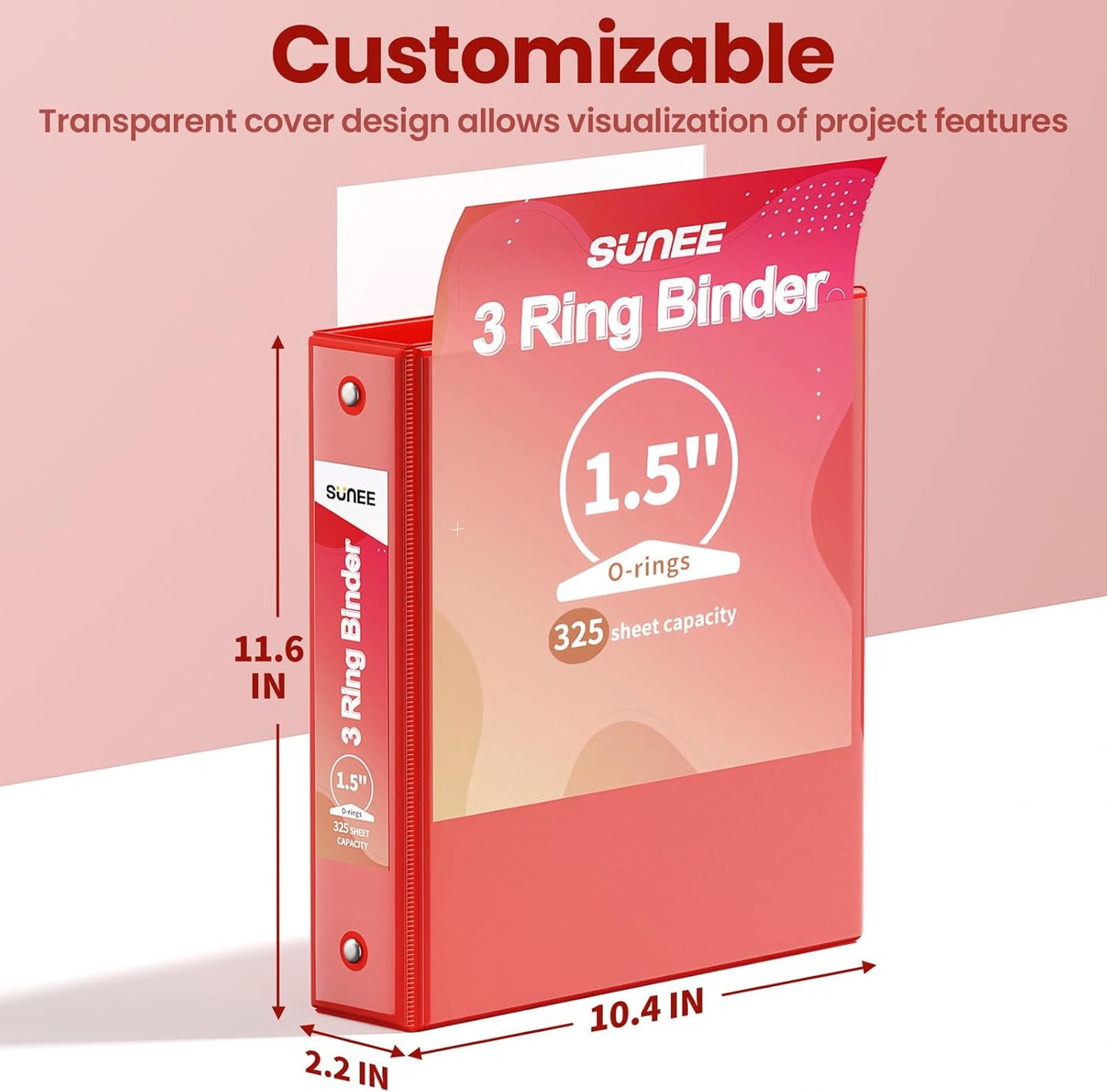 SUNEE 3 Ring Binder - 1.5 Inch Clear View PVC-Free Binder for 8.5x11 Inches - Red, Ideal for School & Office