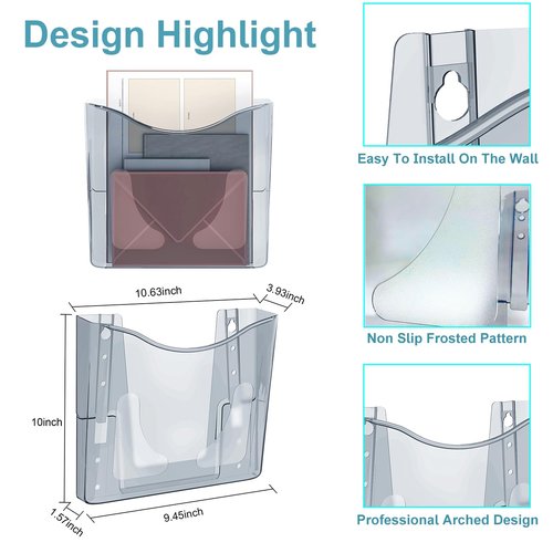 PAG-Mass 6 Pocket Wall File Organizer, Plastic Hanging File Holder, Wall Mount Paper Organization, Gray