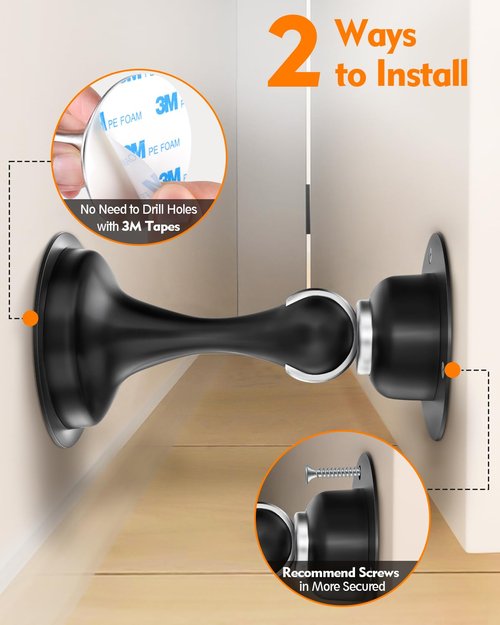 Door Stoppers Magnetic Door Catch - Stainless Steel Heavy Duty Door Holder Stops for Bottom Top of Door - Wall Floor Mounting No Drill 3M Adhesive & Screws Strong Magnet Keep Door Open 4 Pack
