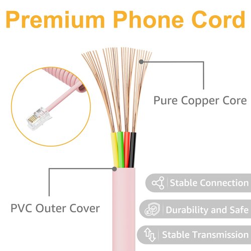 Uvital 1 Pack 16FT Pink Extra Long Phone Handset Cord(Coiled Length 2FT), Phone Cord for Landline, RJ9 Telephone Cords for Landline Phones