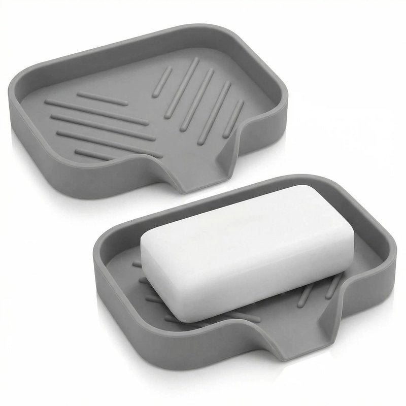 2 Pack Silicone Soap Dish with Self-Draining Spout - Bar Soap Holder for Shower & Bathroom, Kitchen Sink Sponge Holder & Countertop Organizer Tray, Easy Clean & Non-Slip (Grey)