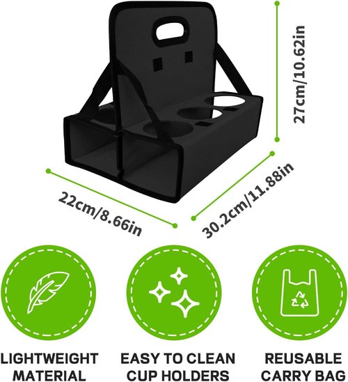 Boczif Cup Caddy - Portable 6-Cup Drink Carrier with Handle | Folds Flat for Coffee, Wine, Cocktails (Black)