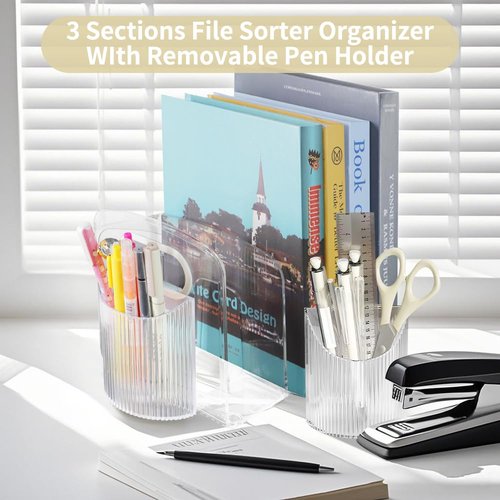Mulaibdin Acrylic File Sorter with Pen Holder, Sturdy Desk File Organizer with Handle, Clear Purse Handbag Storage Desktop Divider File Folder Rack for Home Office Kitchen Supplies 3 Sections (2 Pcs)