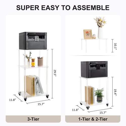 TAKEKIT Acrylic Printer Stand, 3-Tier Printer Table on Wheels, Multifunctional Rolling Printer Cart Storage Shelf for Home Office Organization
