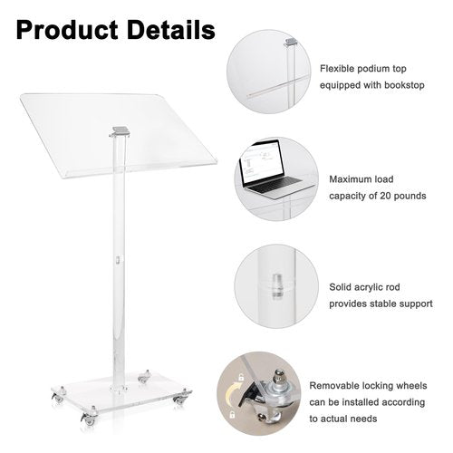 JGMZTZT Podium Stand, Portable Clear Acrylic Podium Stand, Modern Lecterns & Podiums with 4 Lockable Wheels, for Weddings, Classroom, Concert, Church, Speech, 21.7" L x 15.7" W x 43.3" H