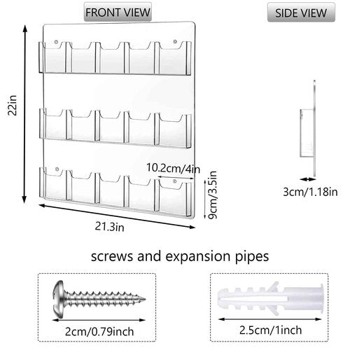 15 Pockets Clear Acrylic Brochure Pamphlet Holder Brochure Display Stand Business Tri Fold Brochure Multi Slot Holder Rack Wall Mount Pocket for Literature Menu Document Flyer Advertise Supplies