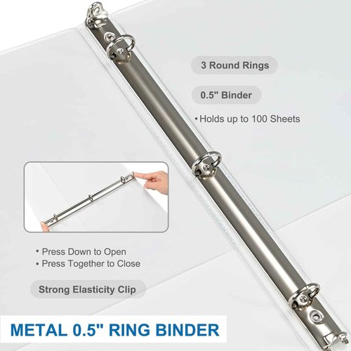 1/2 Inch 3-Ring Binder, 0.5-inch Round Ring Binder with 2 Inside Pockets, 12 Pack White Binders, Clear View CoverBinder Holds 8.5'' x 11''Paper for Office/Home/Back to School