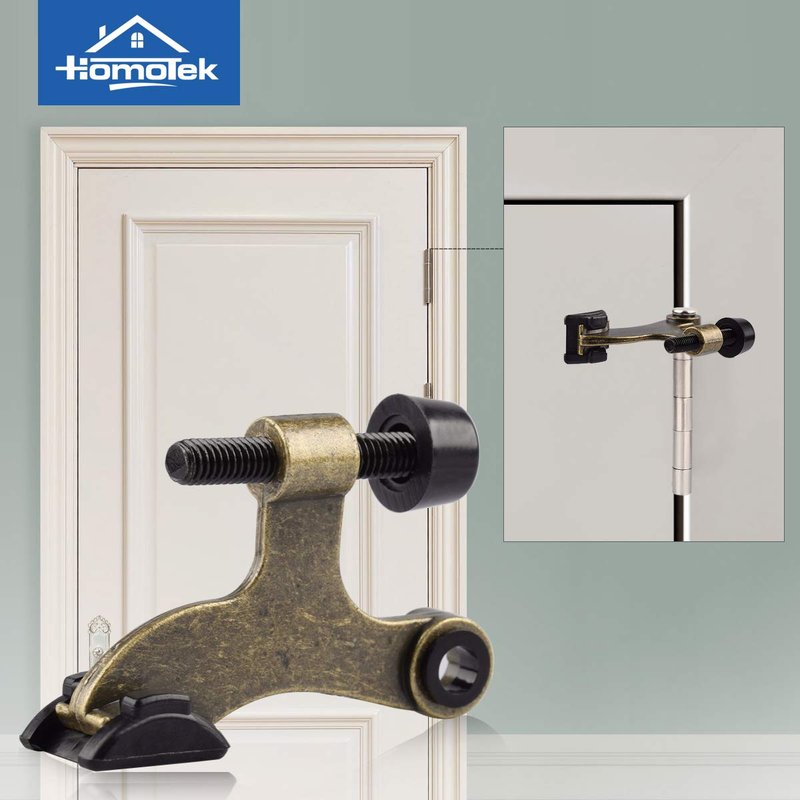 HOMOTEK 6 Pack Hinge Pin Antique Brass Door Stopper, Adjustable Deluxe Heavy Duty Door Stopper 2-1/2"x1-3/4”, with Black Rubber Bumper Tips