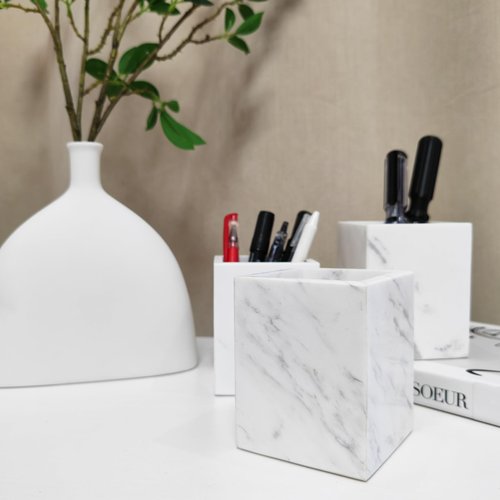 SIRIZEN-DIVING Marble Pen Holder, White Stone, Rectangular Desktop Organizer for Office Study (white)