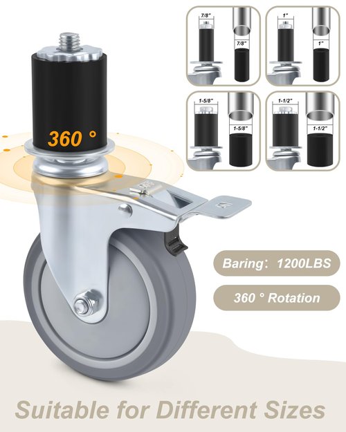 ERKOON Prep Table Caster Wheels Set, 4 Heavy duty Expanding Stem Casters legs Fit 7/8", 1", 1-1/2", 1-5/8" Tube Leg Stainless Steel Table for Stainless Steel Furniture Legs,Cart, Kitchen Workbench(4")