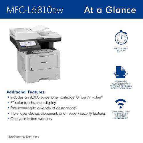 Brother MFC-L6810DW Enterprise Monochrome Laser All-in-One Printer, Large Paper Capacity, Wireless Networking, Advanced Security Features, and Duplex Print, Scan, and Copy, Works with Alexa