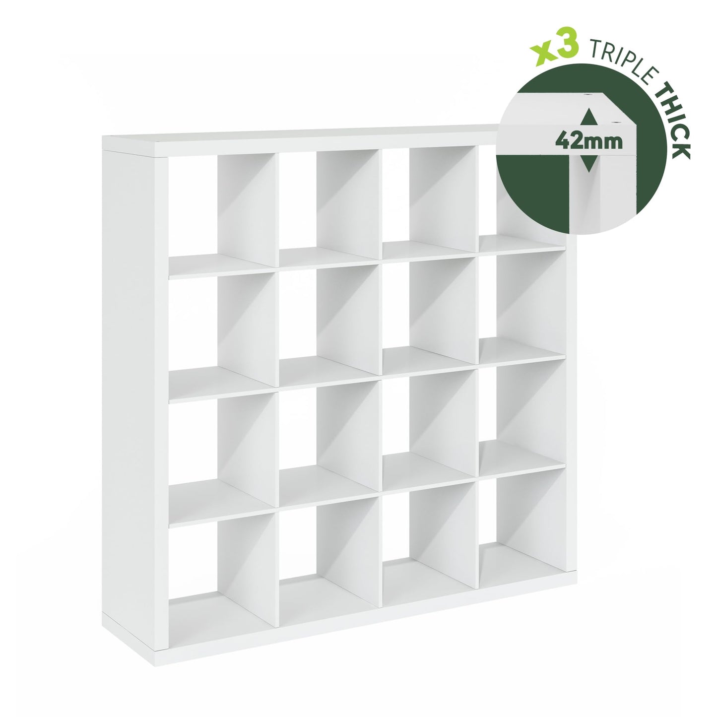 Furinno Cubicle Book Shelf, 16-Cube Bookshelf, Triple Thick Frame Cube Storage Organizer, 1.65" Bookcase, 15.4 x 57.4 x 56.9, for Home Office, Living Room, Plain White