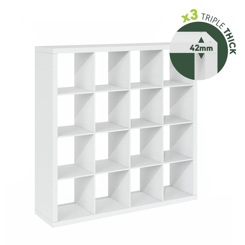 Furinno Cubicle Book Shelf, 16-Cube Bookshelf, Triple Thick Frame Cube Storage Organizer, 1.65" Bookcase, 15.4 x 57.4 x 56.9, for Home Office, Living Room, Plain White