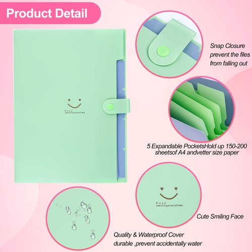 Gabotrie 5PCS Expanding File Folders,Plastic Accordion Folder with 5 Pocket,A4 Size Accordion Document Organizer,Expandable File Folder with 60 Labels for Home Office(Green+Blue+Pink+Purple+Beige)
