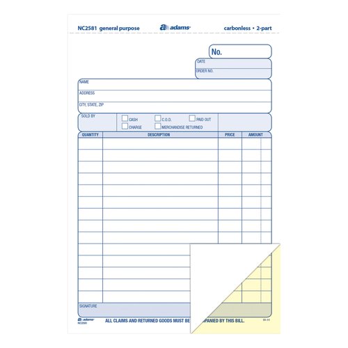 Adams General Purpose Unit Sets, 5.67 x 8.5 Inches, 2-Part, Carbonless, White/Canary, 100 Sets per Pack (NC2581)