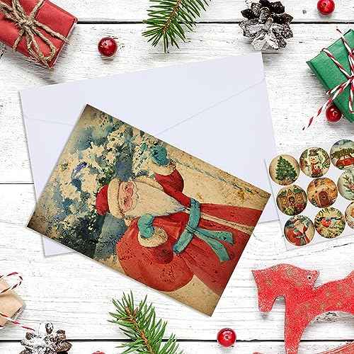 Cholemy 240 Sets Christmas Cards with Envelopes and Stickers Vintage Happy Holiday Cards Bulk Cute Season Greetings Cards 12 Designs, 6 x 4 Inch Merry Christmas Notes for Winter Xmas Season Gift