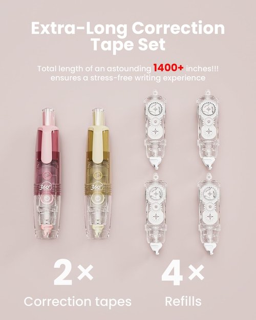 Four Candies Refillable Retractable White Correction Tape, 2PCS White Cute Smooth Push Pull Out Tape with 4 Extra Refills, Aesthetic Pen Shaped Applicator for School Office Supplies (Pink Apricot)