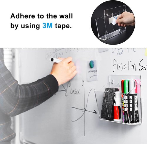 MaxGear Dry Erase Marker Holder with 3 Compartments, Clear Acrylic Wall Pen Organizer with 3 Markers, 1 Eraser & Adhesive Remote Control Holder - Whiteboard & Locker Accessories
