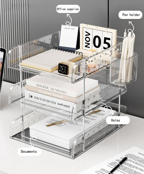 Clear Acrylic Desk Organizer, Multi-Tier Letter Tray with Pen Holder, Office Storage for Documents and Supplies