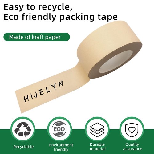 Hijelyn Eco-Friendly Brown Packing Tape 2 Rolls Recyclable Kraft Paper Tape for Moving & Shipping Boxes, Odorless and Quiet, Carton Sealing Storage Packaging Supplies, 2 Inch x 66 Yards/per roll