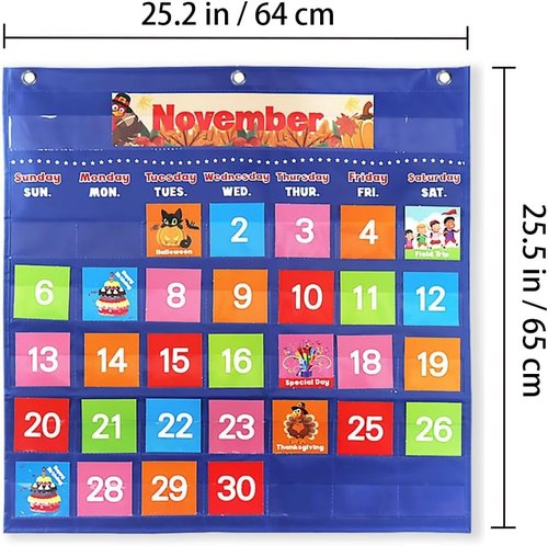 Fun Classroom Calendar - Educational Pocket Chart with 88 Cards | Monthly Calendar for Teachers (Blue)