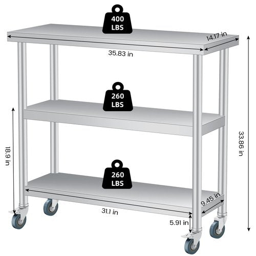 Stainless Steel Table, 14 x 36 Inch, 3-Tier Metal Prep Table with 2 Lockable Wheels, Undershelf, Commercial Kitchen Utility Workstation for Restaurant, Hotel, Laundry, Garage, Indoor, Outdoor, BBQ