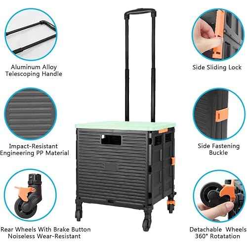 Rolling Crate Utility Cart Collapsible Tote Basket Teacher Cart with Lid Wear-Resistant Noiseless 360¡ÆRotate Wheel Telescoping Handle for Trave Moving Luggage Use(Green,110lbs)