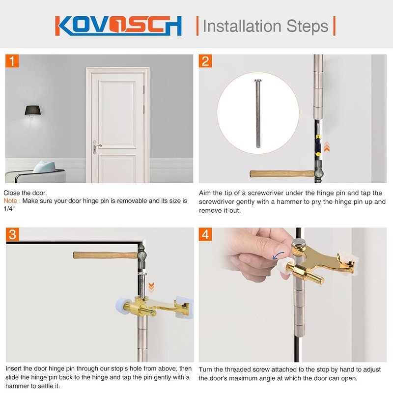 KOVOSCH 2 Pack Hinge Pin Door Stopper Bright Brass - Adjustable Heavy Duty Gold Hinge Pin Door Stop with White Rubber Bumper Tips
