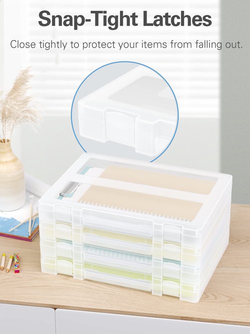 Denkee Large Paper Storage Box, 4 Pack Plastic Scrapbook Paper Storage Organizer with Handle for A4, 8.5 x 11 US Letter, Portable File Document Case, Board Game Storage