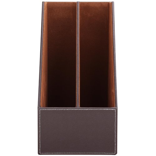 KINGFOM Wooden Leatherette Desktop File Folder Organizer and Document File Stand Journals Magazine Rack 2 Slots (brown)
